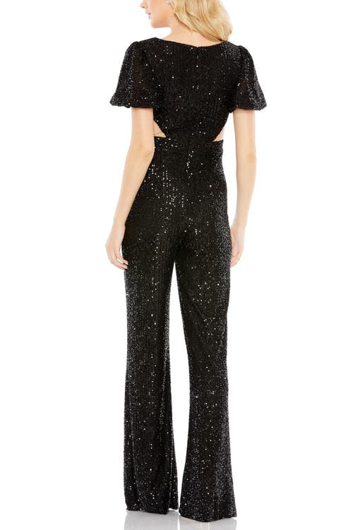 Mac Duggal Sequined Puff Shoulder Illusion Cut Out Jumpsuit In Animal Print