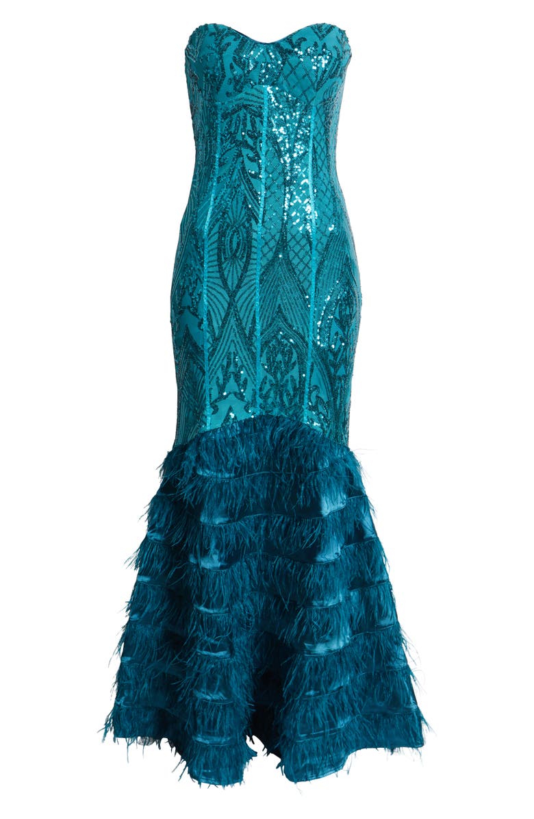 bebe Sequin Feather Trim Strapless Gown, Alternate, color, Teal