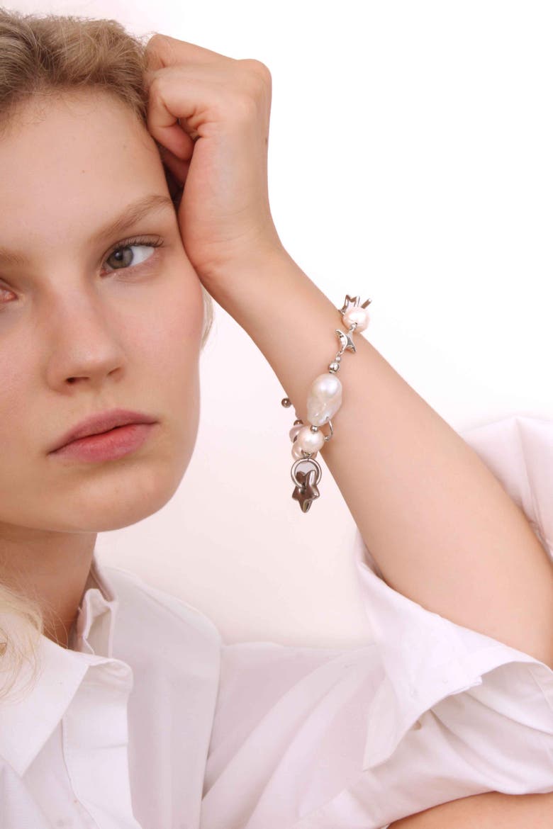 Baroque Pearl Piercing Bracelet, Alternate, color, Silver