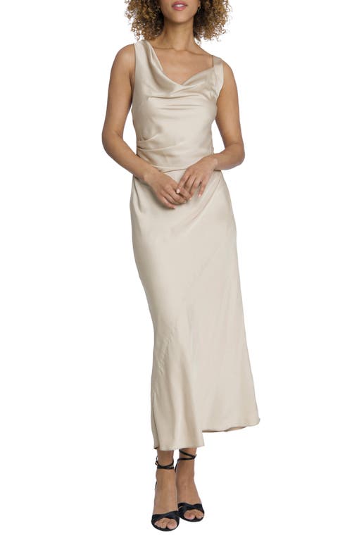 Maggy London Draped Asymmetric Cowl Neck Gown in Champagne 