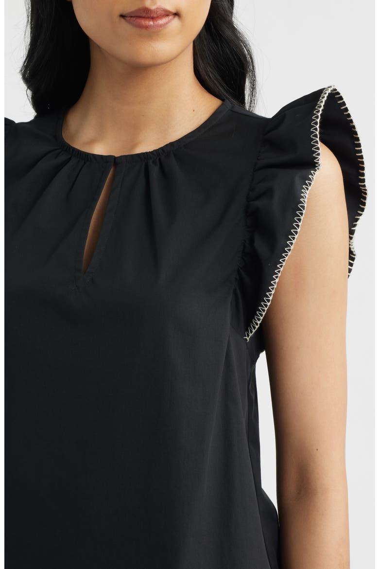 Blanket Stitch Flutter Sleeve Cotton Blend Top, Alternate, color, ANNE BLACK