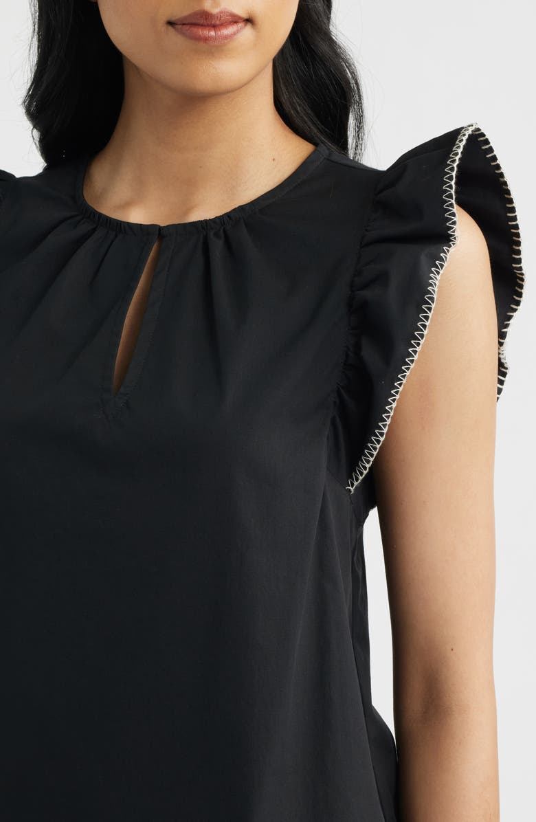Anne Klein Blanket Stitch Flutter Sleeve Cotton Blend Top, Alternate, color, Anne Black