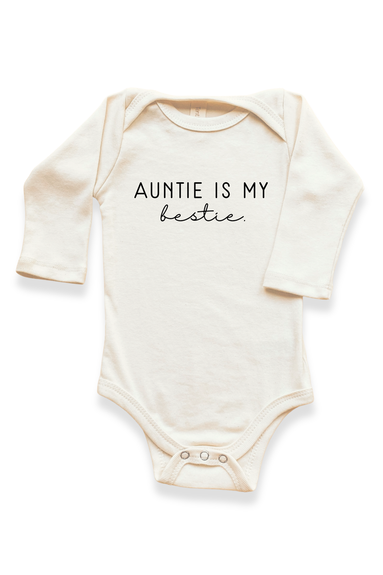 Auntie Is My Bestie - Organic Long Sleeve Baby Bodysuit, Main, color, Natural Black Lettering