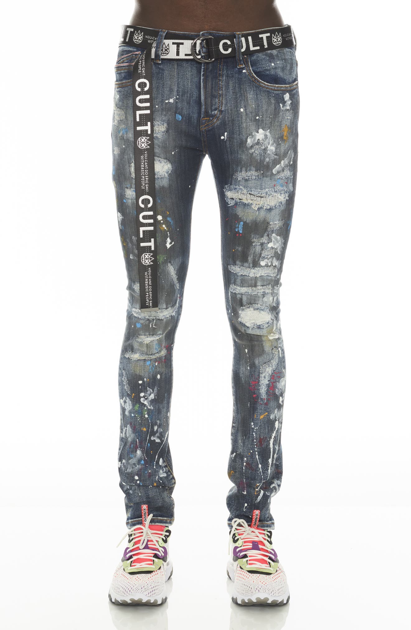 Cult of Individuality Punk Belted Distressed Super Skinny Jeans