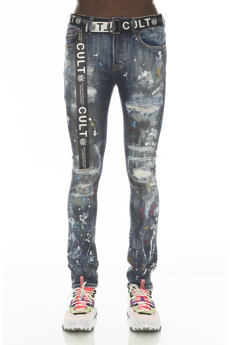 Punk Belted Distressed Super Skinny Jeans, Main, color, CHAOS