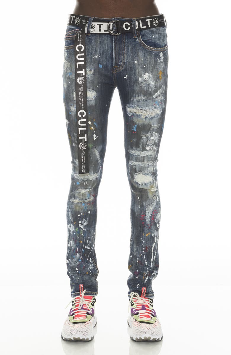 Cult of Individuality Punk Belted Distressed Super Skinny Jeans, Main, color, Chaos