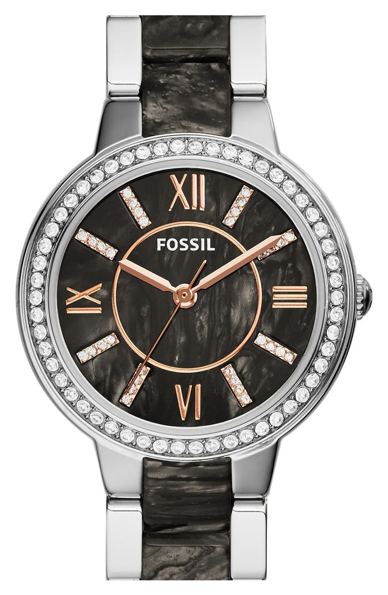 Fossil 'Virginia' Resin Link Crystal Bezel Bracelet Watch, 30mm, Main, color,