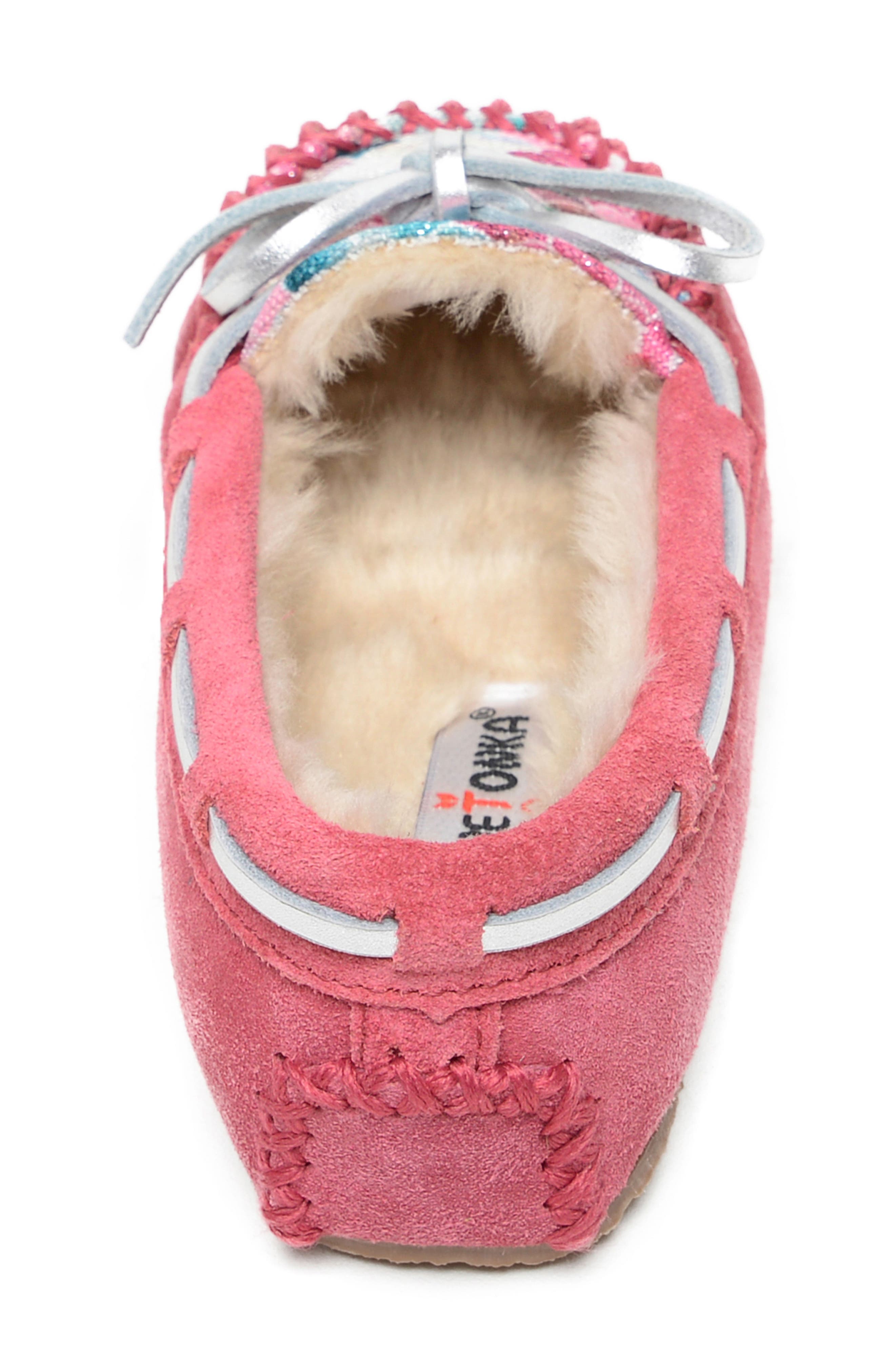 Minnetonka Cassie Faux Fur Slipper, Alternate, color, Mermaid Hot Pink