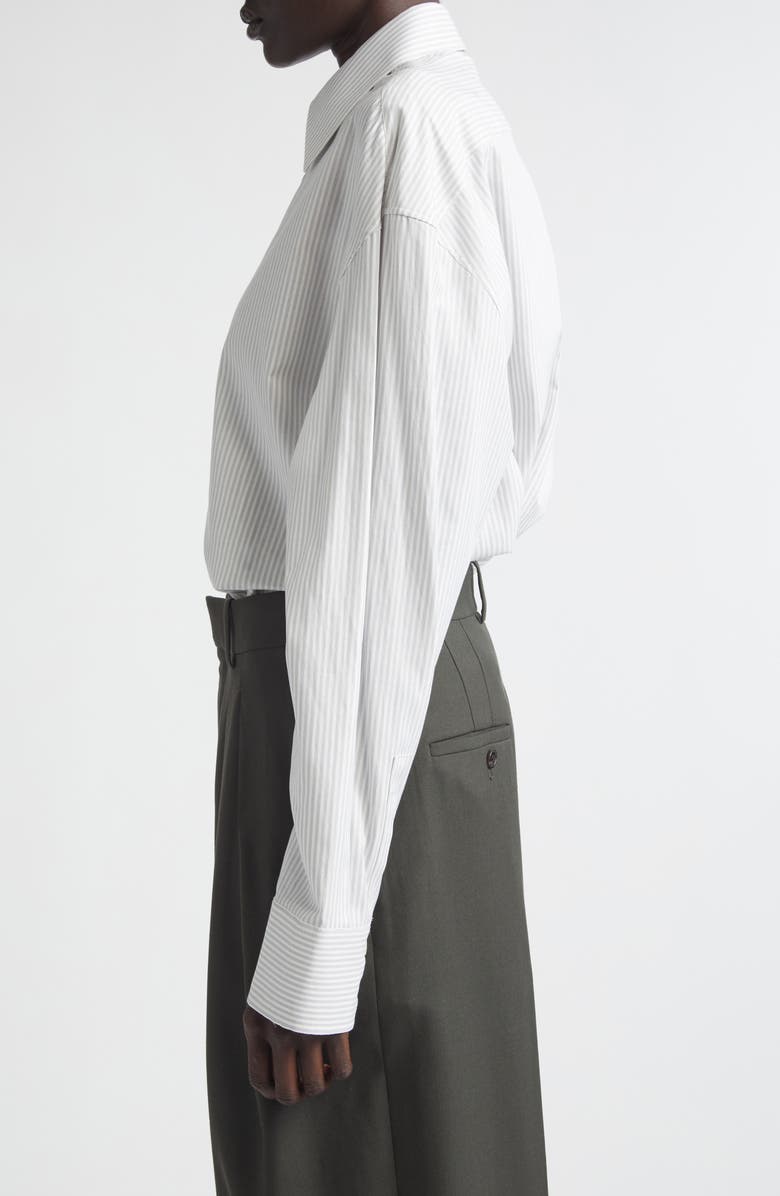 Saint Laurent Stripe Longline Cotton Button-Up Shirt, Alternate, color, Blanc Gris