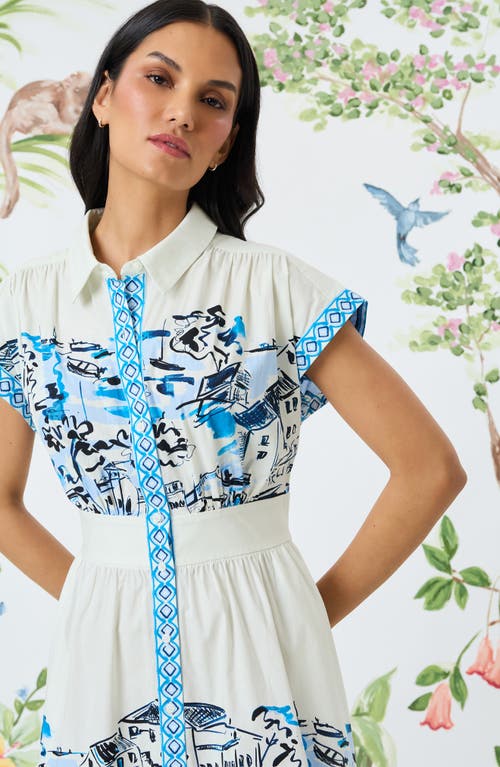 Maggy London City Scene Print Stretch Cotton Midi Shirtdress In White/blue