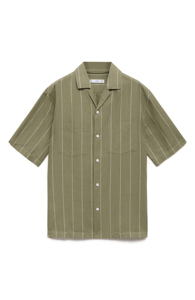 MANGO Pinstripe Linen & Cotton Bowling Camp Shirt, Alternate, color, Green