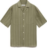 MANGO Pinstripe Linen & Cotton Bowling Camp Shirt