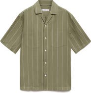 MANGO Pinstripe Linen & Cotton Bowling Camp Shirt