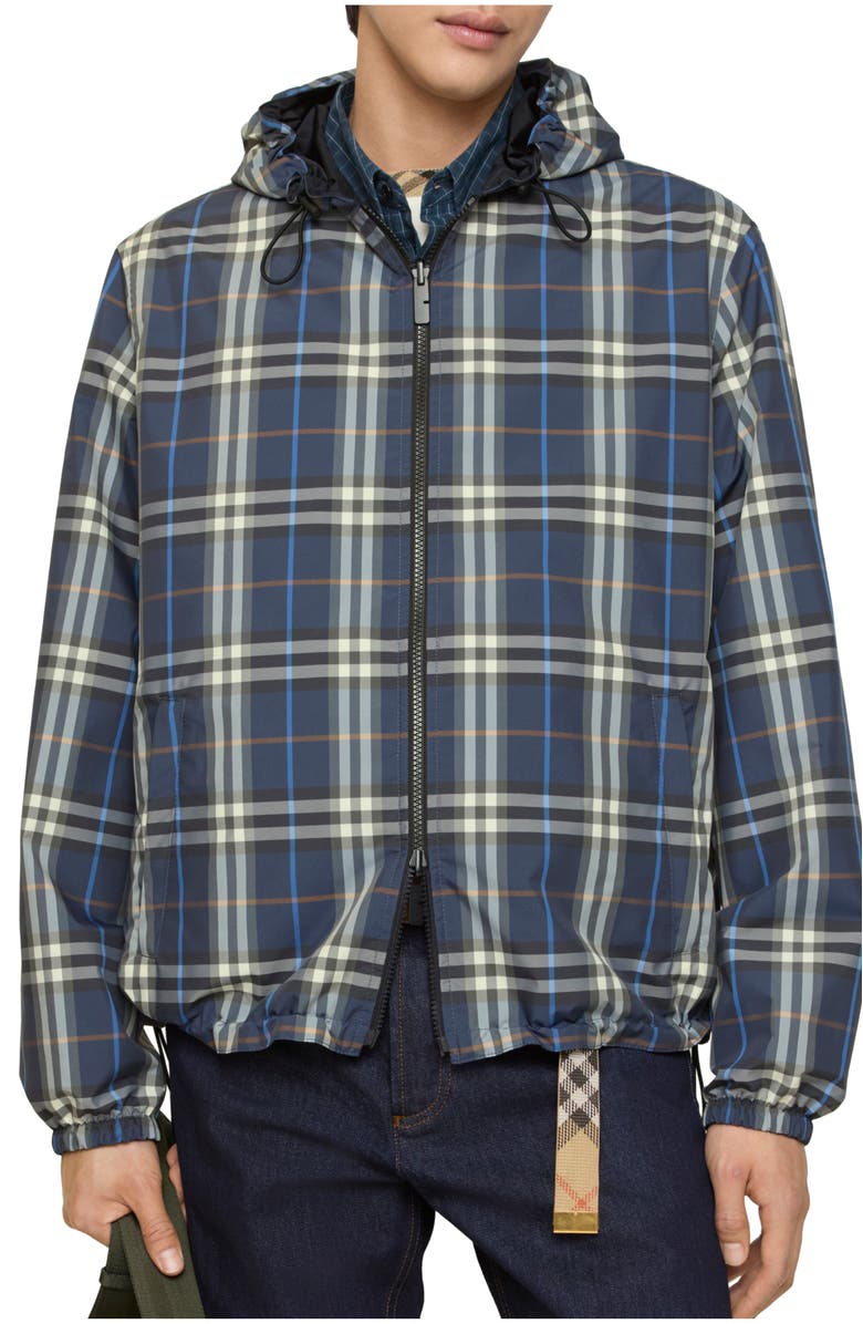 Burberry Reversible Check Hooded Jacket, Main, color, Pilot Blue