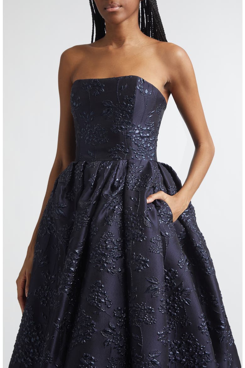 Strapless Metallic Floral Jacquard Midi Dress, Alternate, color, MIDNIGHT
