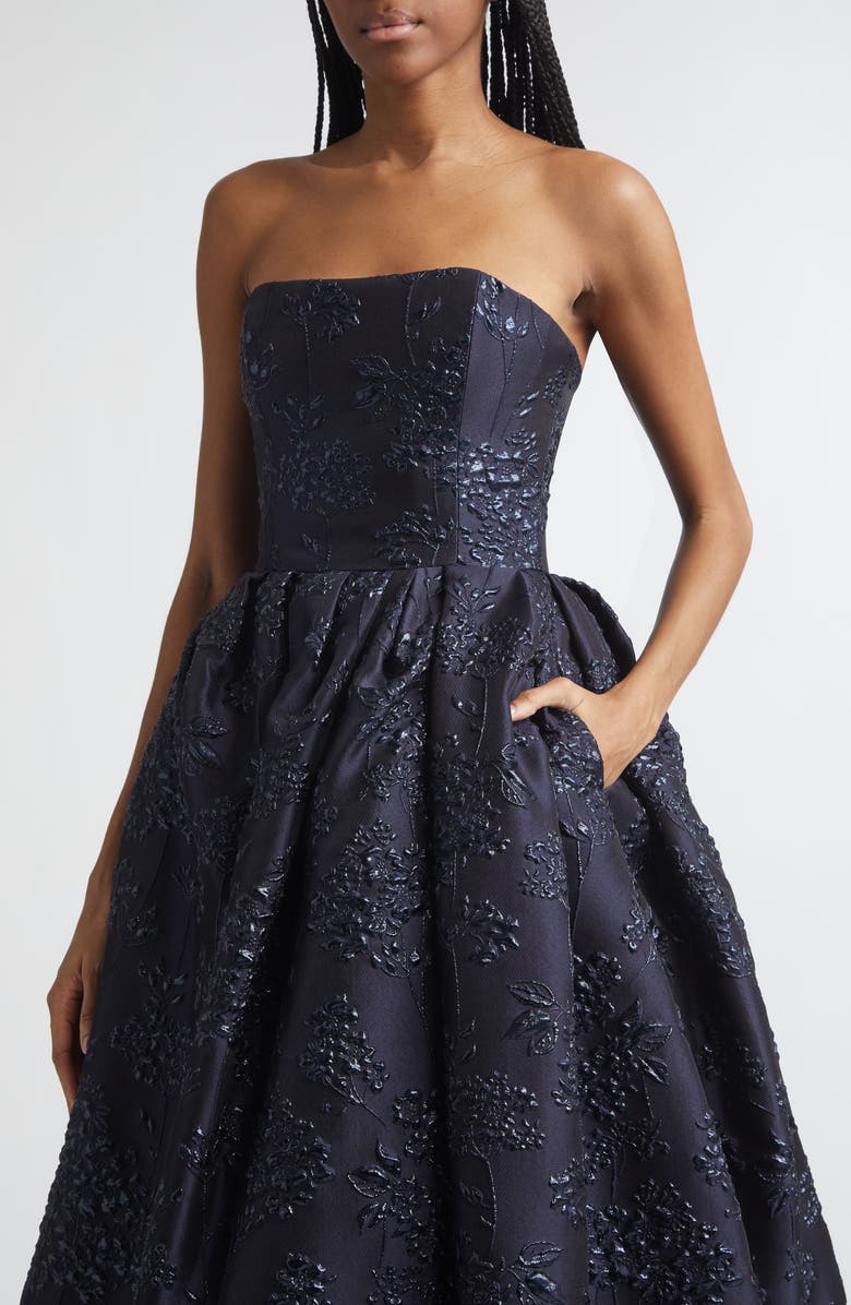 Carolina Herrera Strapless Metallic Floral Jacquard Midi Dress, Alternate, color, Midnight