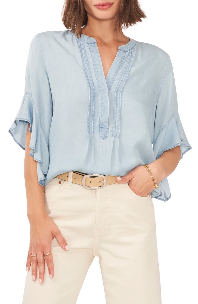 Vince Camuto Pintuck Flutter Sleeve Blouse, Main, color, Arctic Surf
