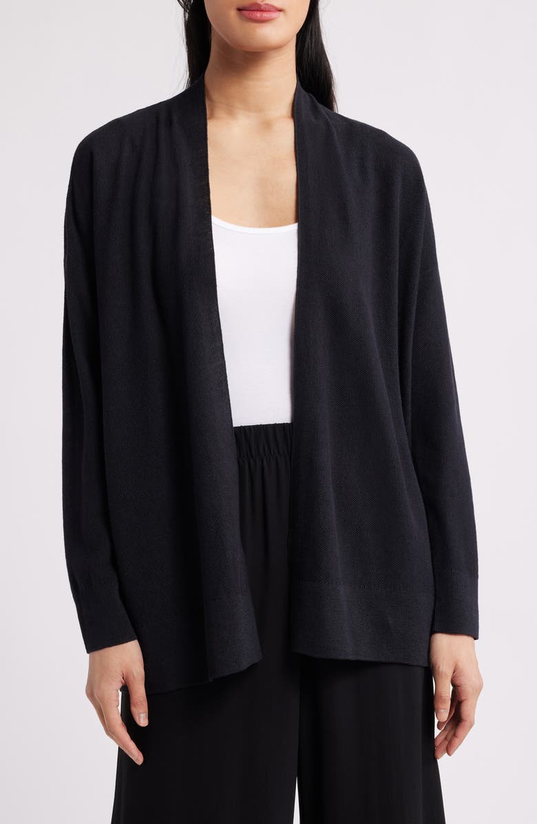 Eileen Fisher Organic Linen Blend Open Front Cardigan, Main, color, Black