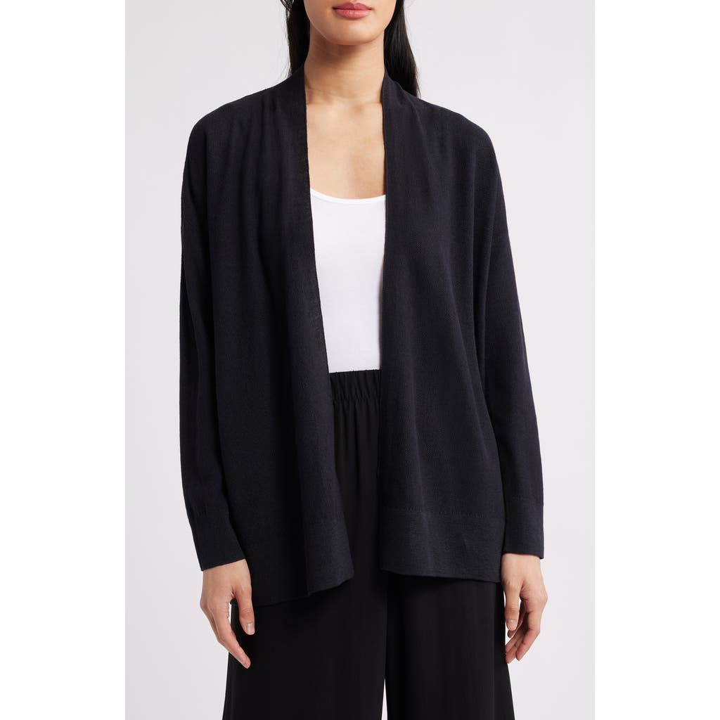 Eileen Fisher Organic Linen Blend Open Front Cardigan In Black