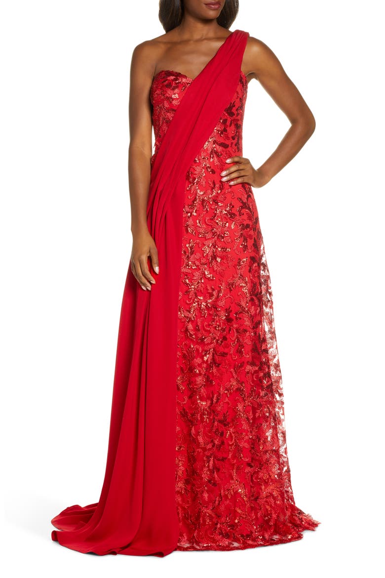 One-Shoulder Sequin Lace & Crepe Gown, Main, color, FLAME