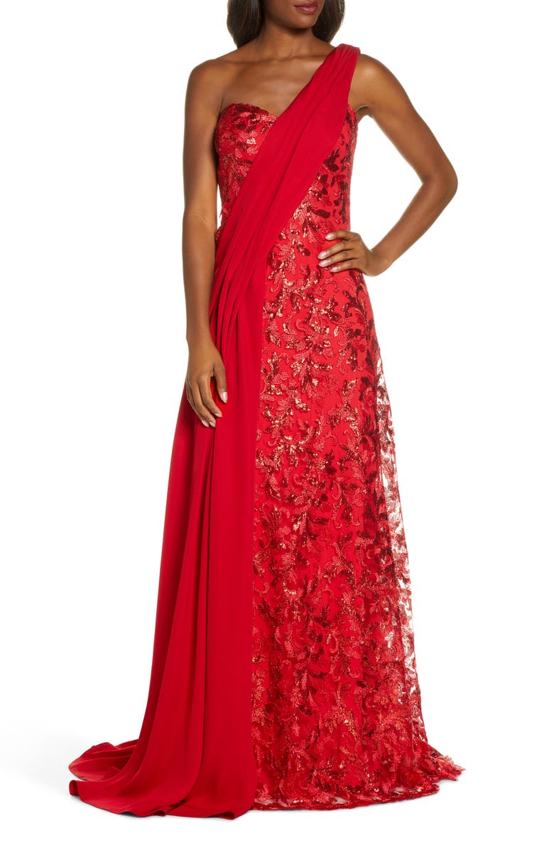Tadashi Shoji One-Shoulder Sequin Lace & Crepe Gown, Main, color,