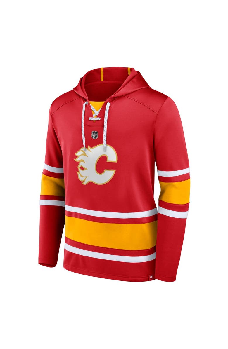 FANATICS Men's Fanatics Branded Jonathan Huberdeau Red Calgary Flames Name & Number Lace-Up Pullover Hoodie, Alternate, color, 