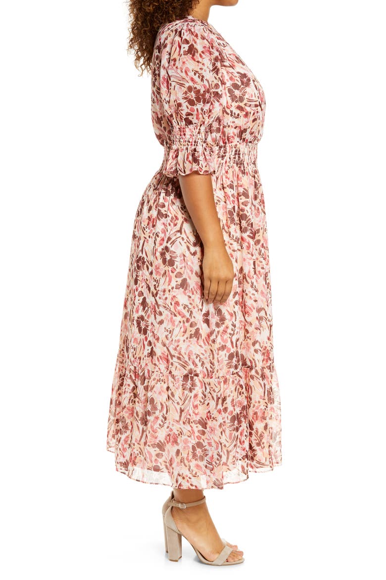 Floral Smock Midi Dress, Alternate, color, SOFT PEACH/ LIGHT BURGUNDY