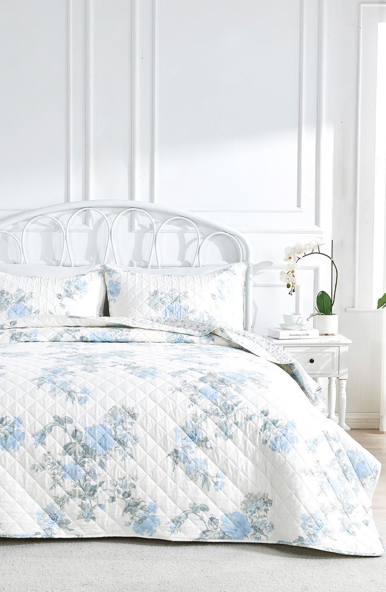 MELANGE HOME Rose Percale Cotton Quilt & Shams Set, Alternate, color, Blue/ Blue