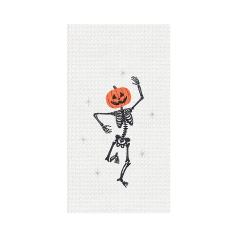 Dancing Jack O' Lantern Skeleton Halloween Embroidered 100% Cotton Waffle Weave Kitchen Dishtowel