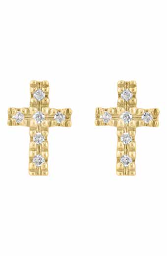 14K Gold Plated Sterling Silver Diamond Cross Stud Earrings