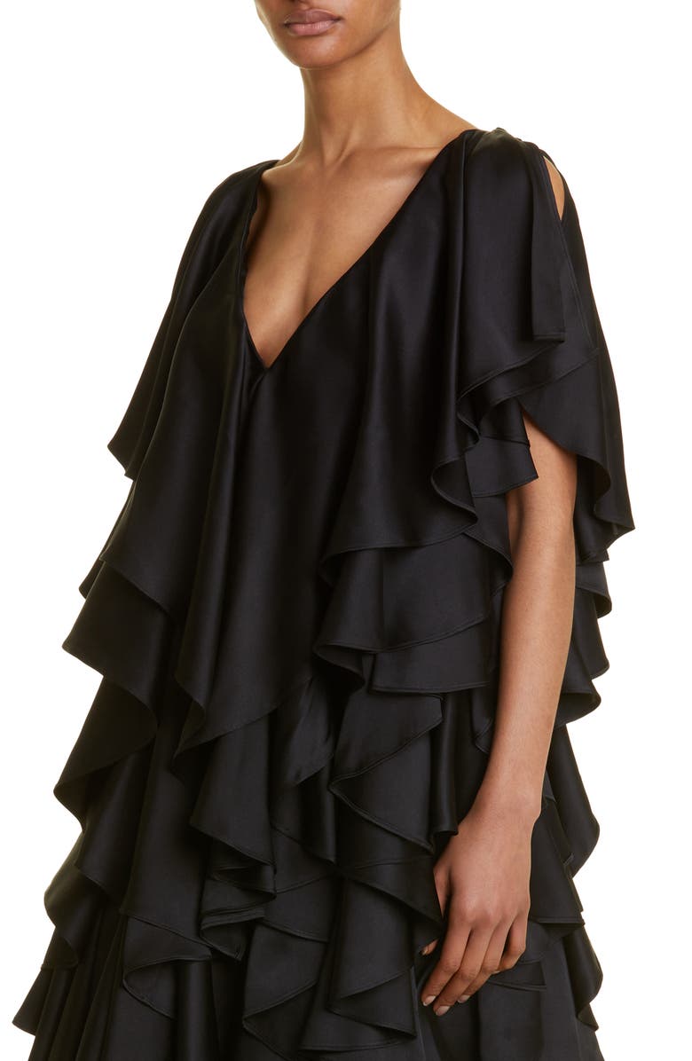 Interior Jane Plunge Neck Ruffle Silk Satin Gown, Alternate, color, 