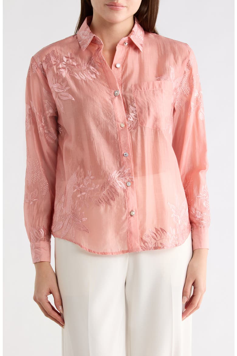 Floral Embellished Button-Up Shirt, Main, color, ROSE TAN