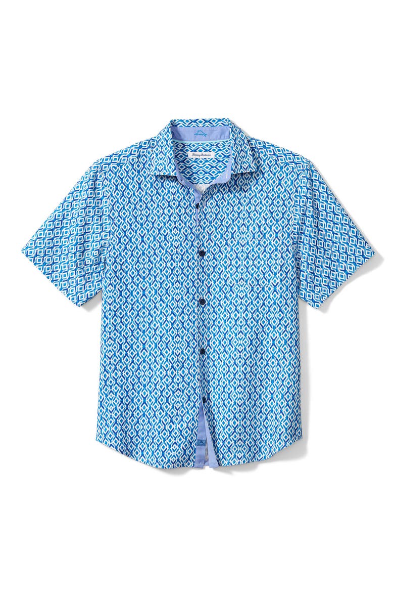 Diamond Tides Print Short Sleeve Silk Button-Up Shirt, Main, color, ATLANTIS TEAL