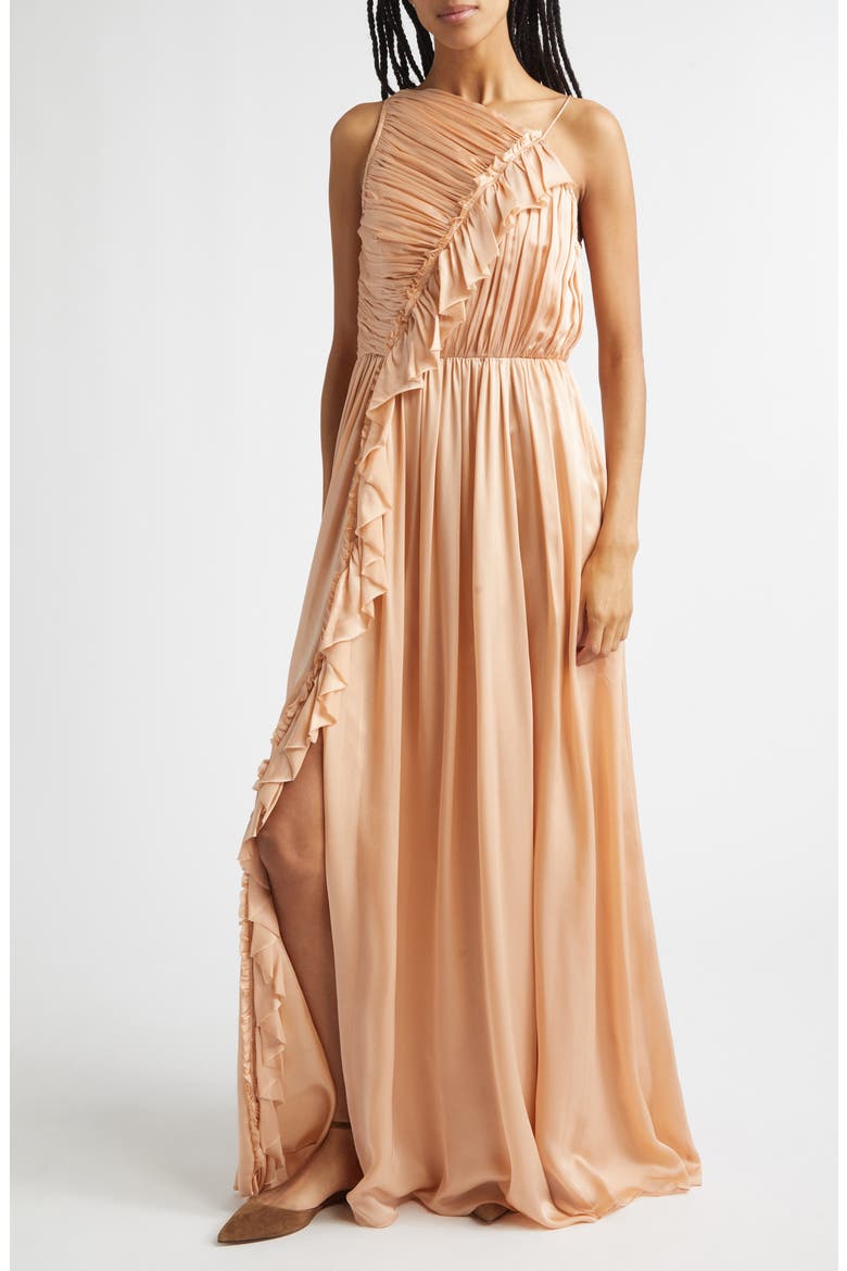 Aisha One Shoulder Pleated Asymmetrical Maxi Dress, Main, color, SAND