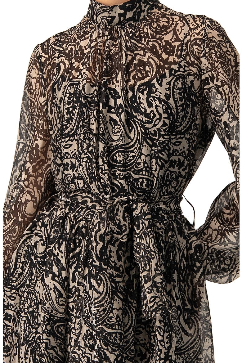 Paisley Printed Short Dress with Waist Tie, Alternate, color, Black