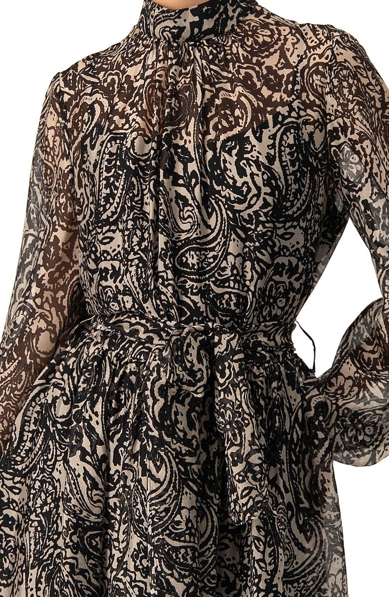 IVONNE Paisley Printed Short Dress with Waist Tie, Alternate, color, Black