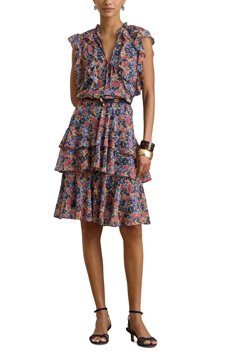 Lauren Ralph Lauren Floral Tiered Georgette Dress, Main, color, Cream/ Red/ Blue
