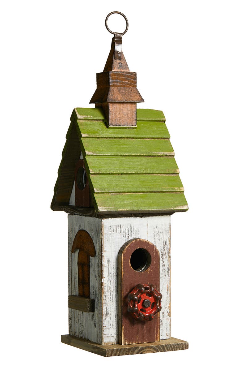 Glitzhome 15.75"H Distressed Solid Wood Decorative Outdoor Garden Birdhouse, Main, color, Green