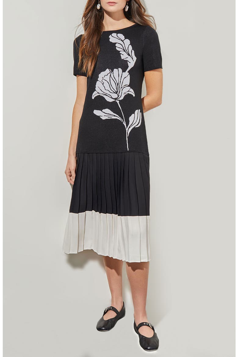 Modern Fit Mixed Media Pleated Midi Dress, Main, color, BLACK/ WHITE