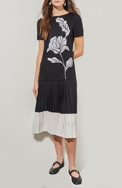 Modern Fit Mixed Media Pleated Midi Dress