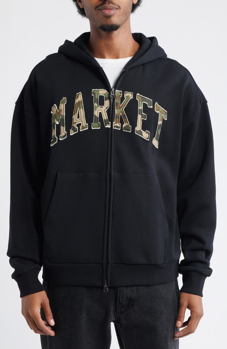 MARKET Camo Arc Appliqué Logo Zip Hoodie, Alternate, color, Pirate-Black