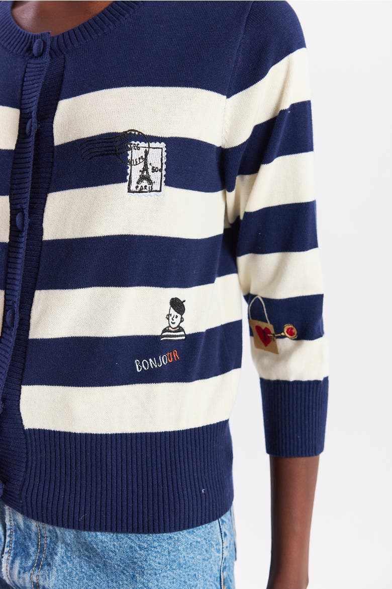 Embroidery Stripe Cardigan, Alternate, color, Navy/Cream