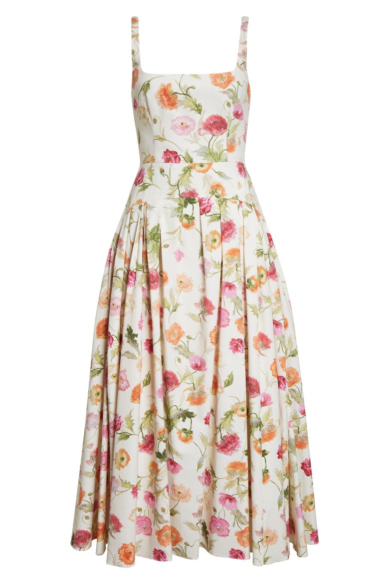 Poppy Print Pleated Drop Wait Stretch Poplin Fit & Flare Dress, Alternate, color, ALMOND MULTI