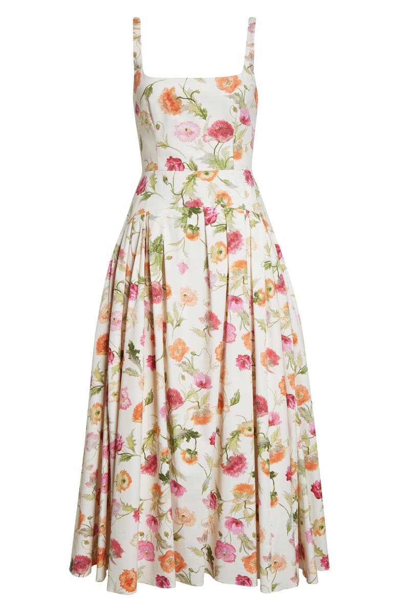 Carolina Herrera Poppy Print Pleated Drop Wait Stretch Poplin Fit & Flare Dress, Alternate, color, Almond Multi