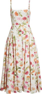 Carolina Herrera Poppy Print Pleated Drop Wait Stretch Poplin Fit & Flare Dress