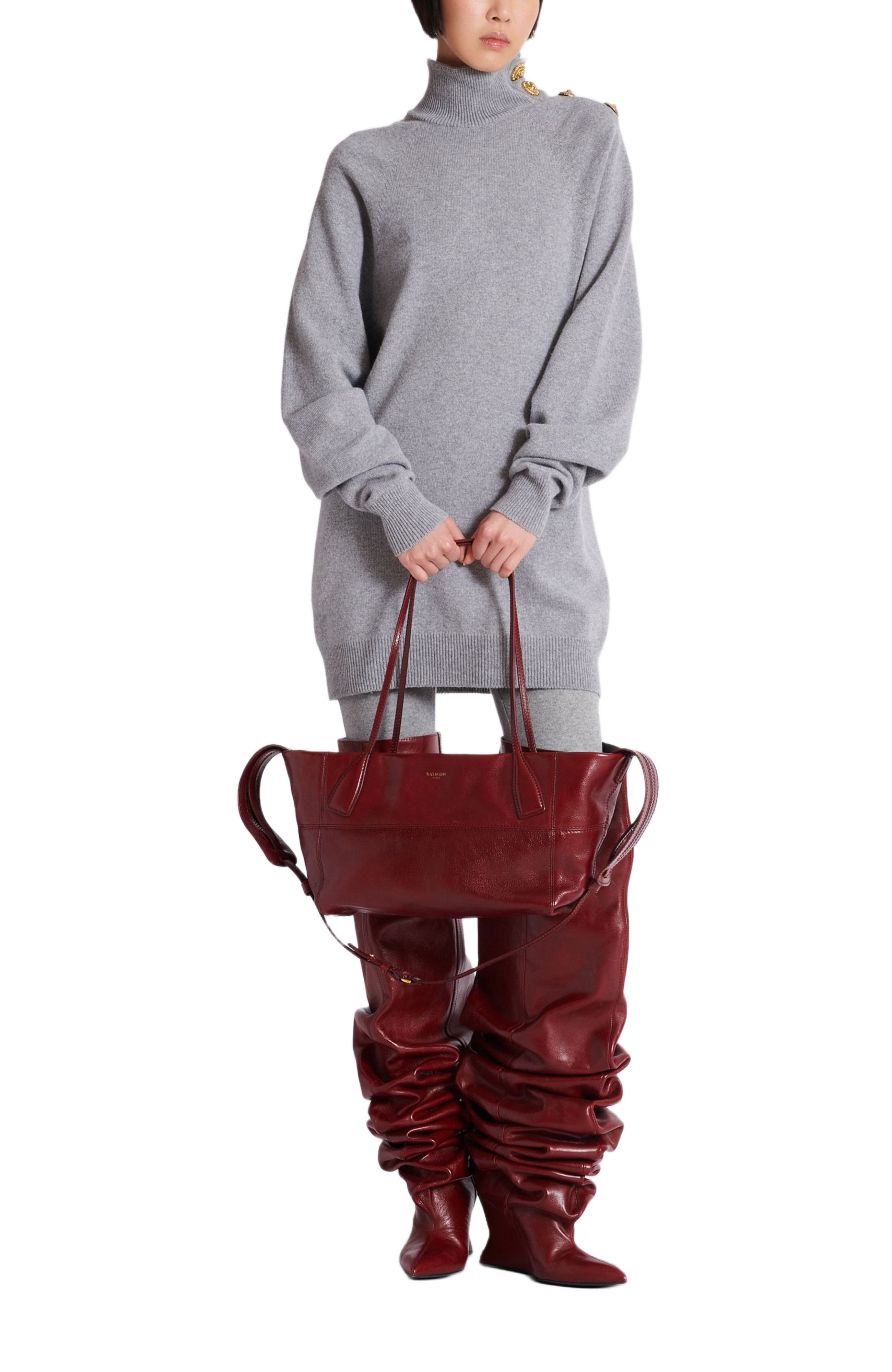 Balmain Small Track Zips Calfskin Tote Bag In Brown, Alternate, color, 