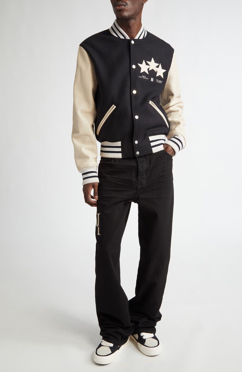 AMIRI Stars Wool Blend & Leather Varsity Jacket, Alternate, color, Black