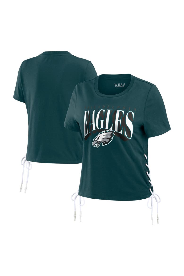 Women's WEAR by Erin Andrews Midnight Green Philadelphia Eagles Lace Up Side Modest Cropped T-Shirt, Main, color, Green