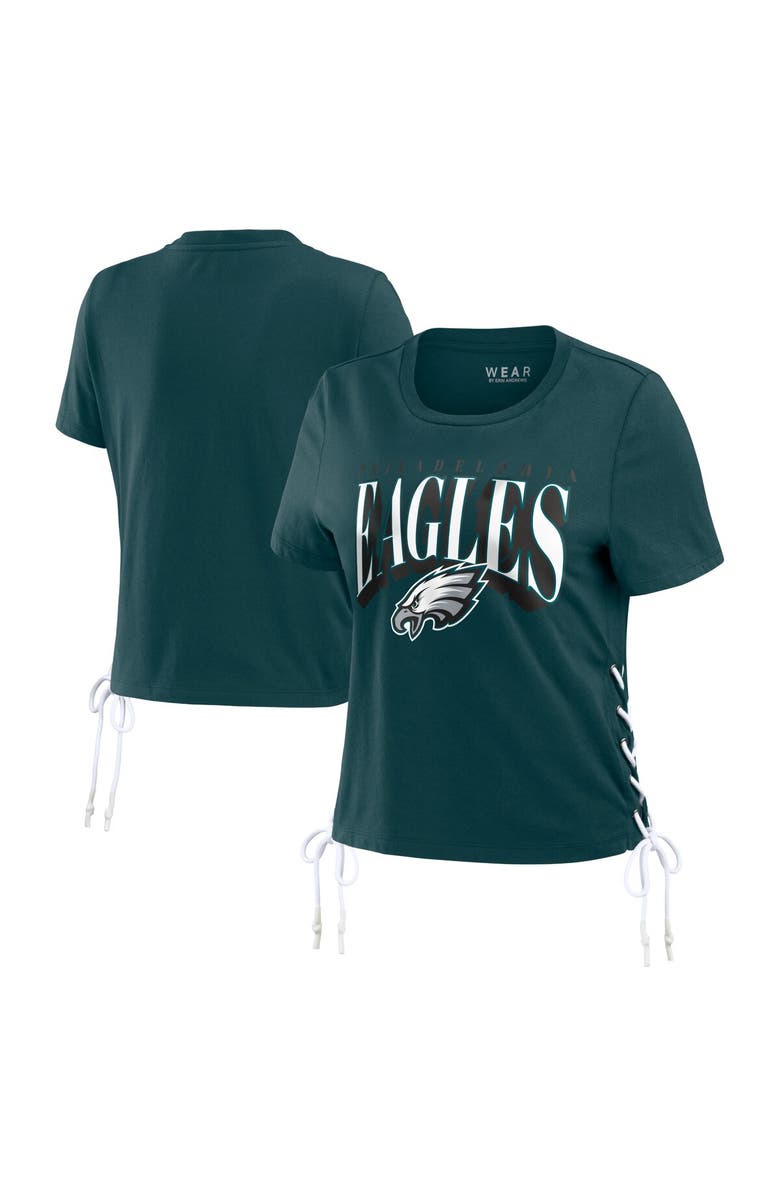 WEAR by Erin Andrews Women's WEAR by Erin Andrews Midnight Green Philadelphia Eagles Lace Up Side Modest Cropped T-Shirt, Main, color, 