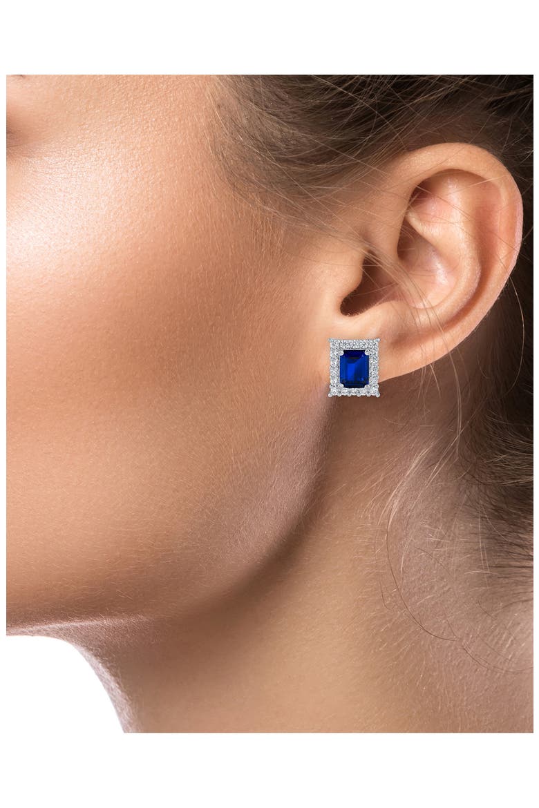 Emerald Cut CZ Pavé Halo Stud Earrings, Alternate, color, BLUE/ SILVER